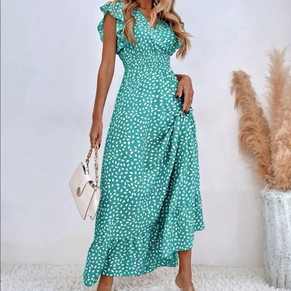 Dots ruffle trim shirred waist maxi dress mint blue - Picture 3 of 16